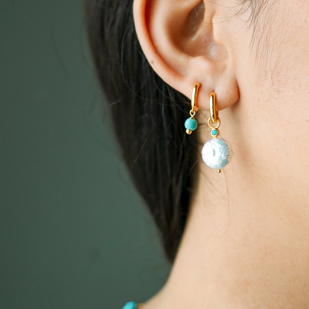 Tiny Turquoise dangle Huggies Gold Earrings Adorable Turquoise Huggies